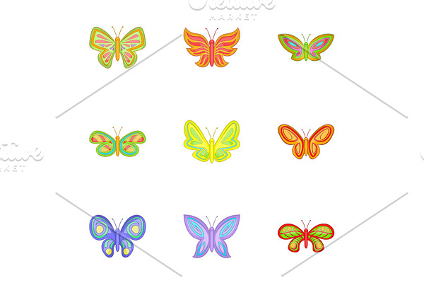 Butterfly insect icons set, cartoon