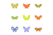 Butterfly insect icons set, cartoon