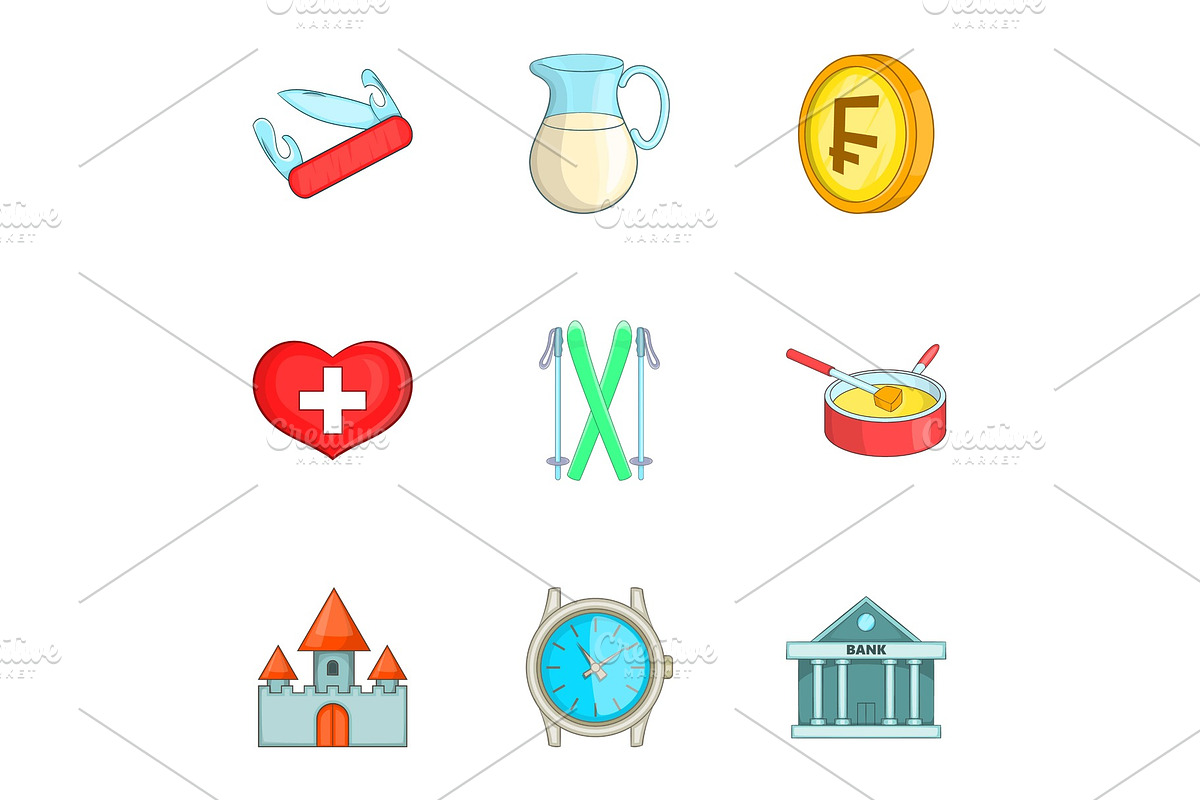 Switzerland icons set, cartoon style in Objects - product preview 8