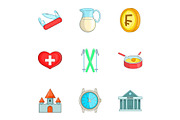 Switzerland icons set, cartoon style