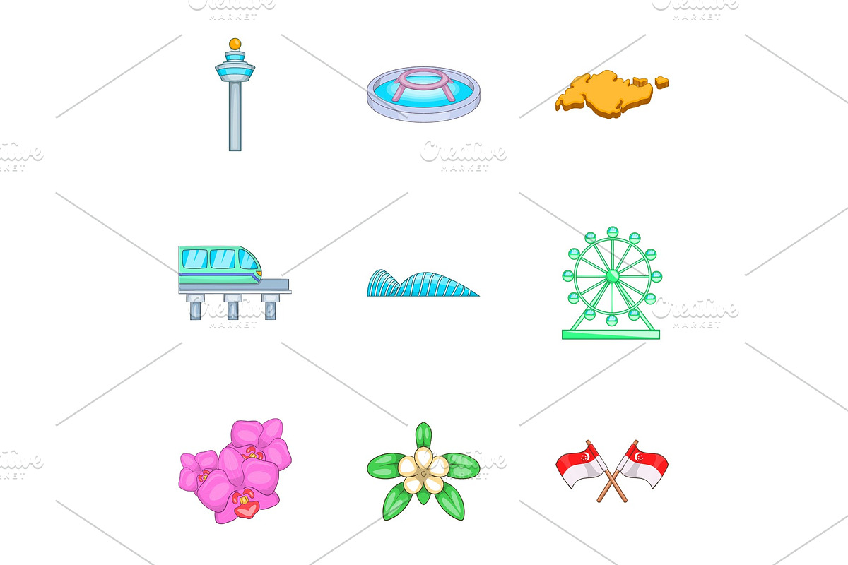 Singapore icons set, cartoon style in Objects - product preview 8