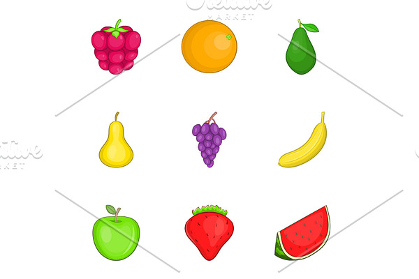 Colored fruit icons set, cartoon