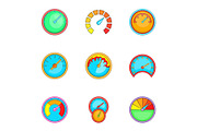 Types of speedometers icons set