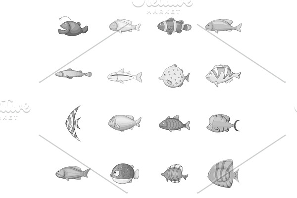 Different fish icons set, monochrome