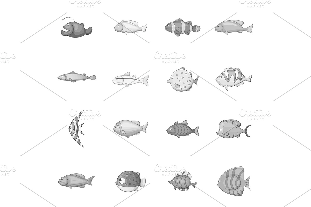 Different fish icons set, monochrome in Illustrations - product preview 8