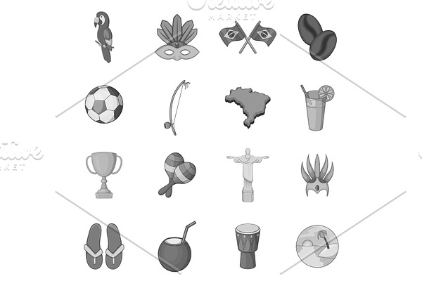 Brazil travel icons set, monochrome