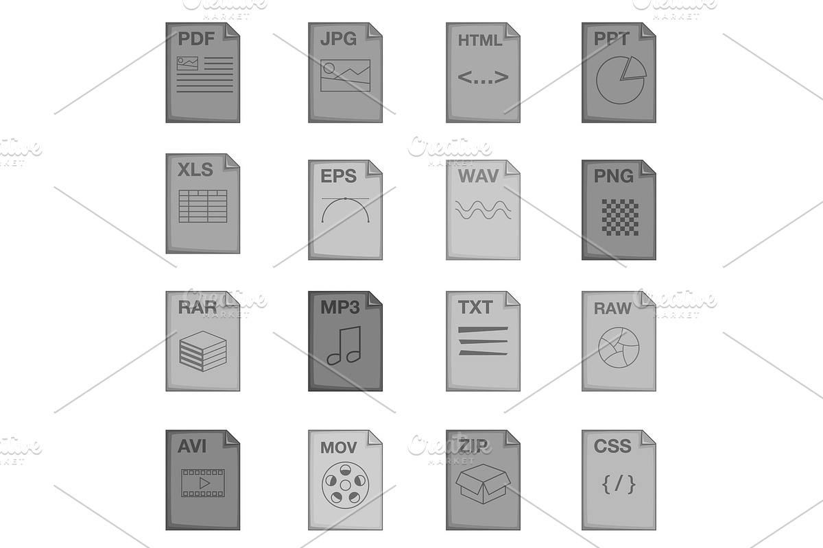 File extension icons set, monochrome in Objects - product preview 8