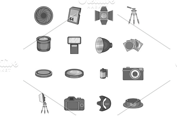 Photo studio icons set, monochrome