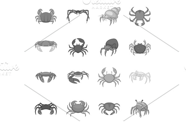 Colorful crab icons set, monochrome