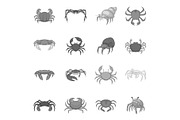 Colorful crab icons set, monochrome