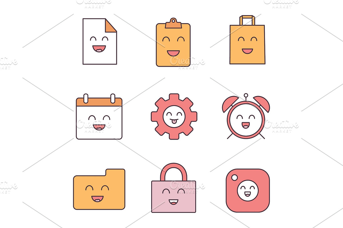 Smiling items color icons set in Icons - product preview 8
