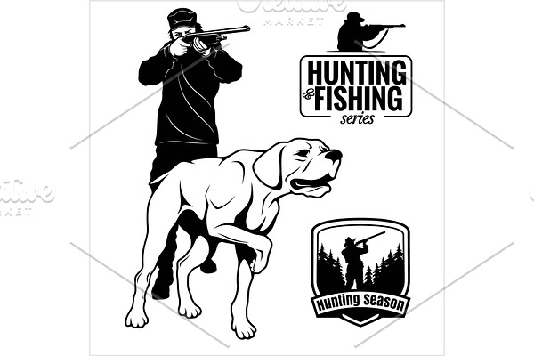 Hunter with dog aiming with his