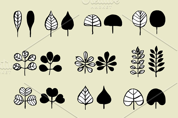 Set of hand drawn leaves and pattern in Patterns - product preview 1