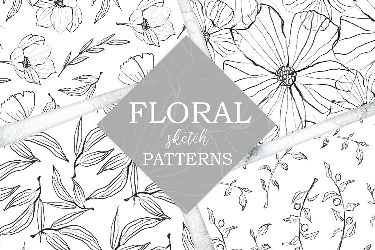 Flower and leaves sketch patterns in Patterns - product preview 8