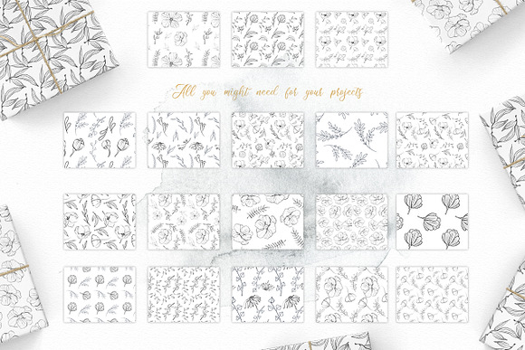 Flower and leaves sketch patterns in Patterns - product preview 4