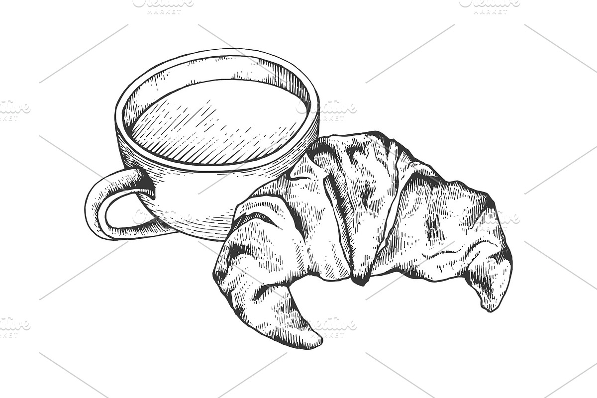 Coffee and croissant sketch in Illustrations - product preview 8