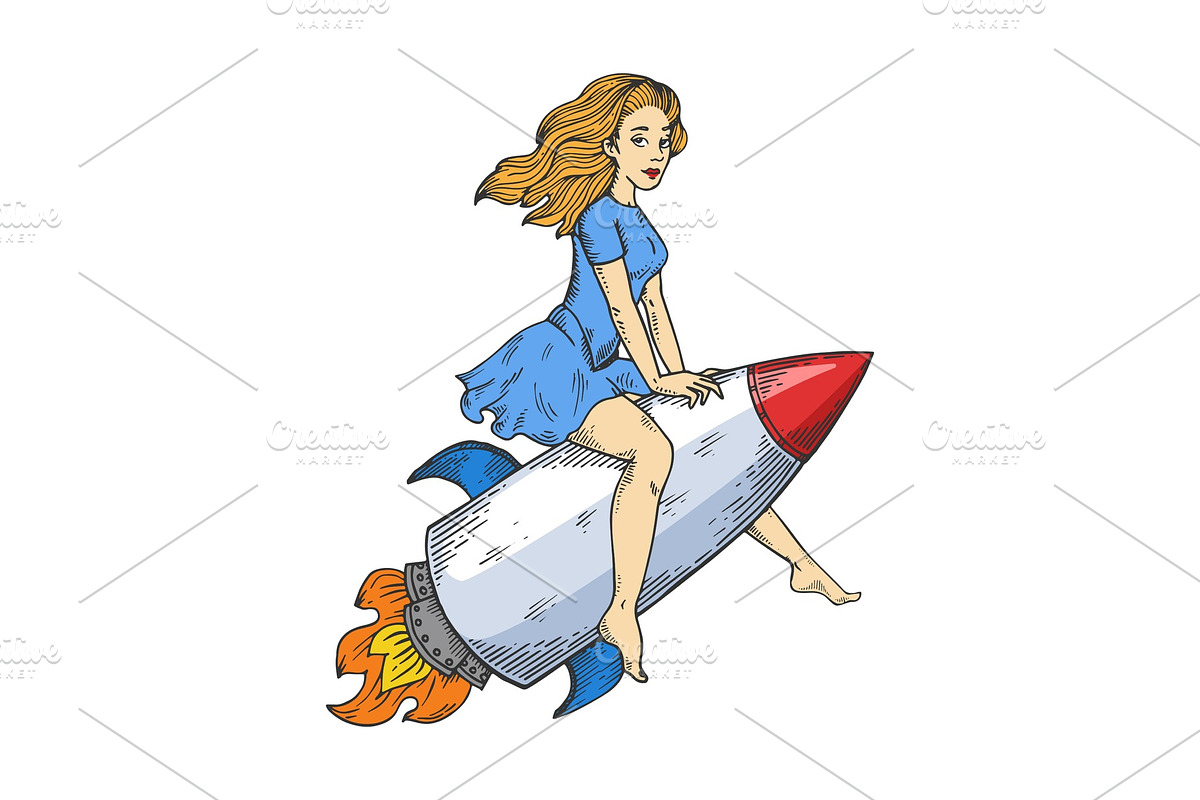 Woman flying rocket color vector in Illustrations - product preview 8