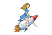 Woman flying rocket color vector