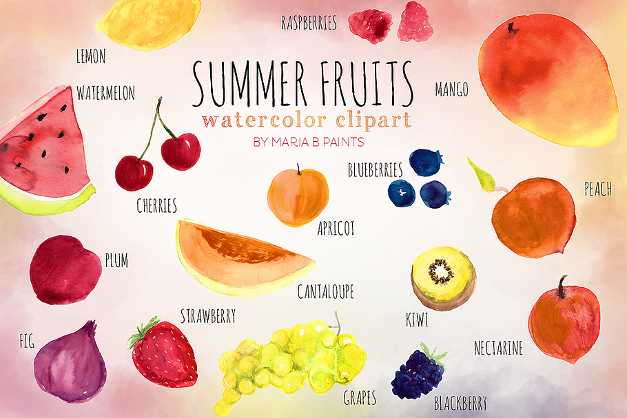 Summer Fruit Watercolor Clip-art in Illustrations - product preview 8