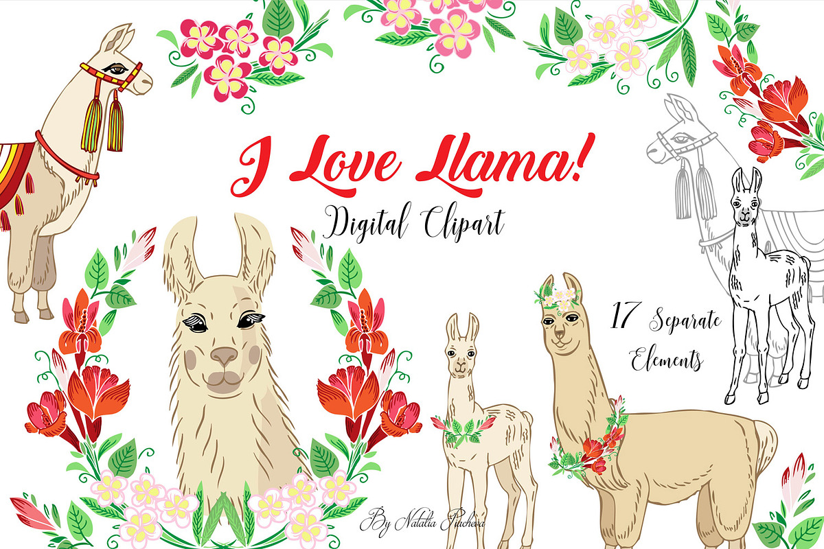 Llama Clipart with red flowers in Illustrations - product preview 8