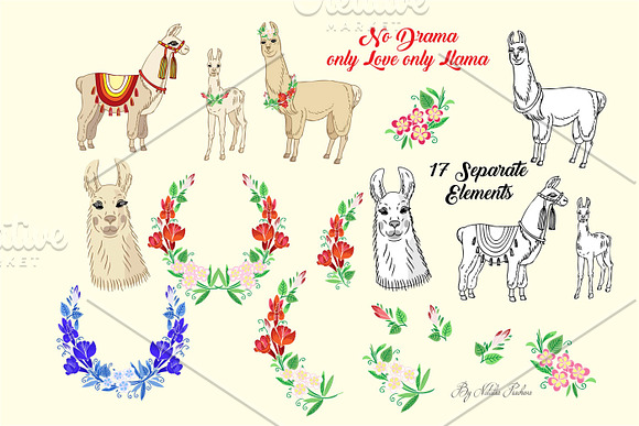 Llama Clipart with red flowers in Illustrations - product preview 1