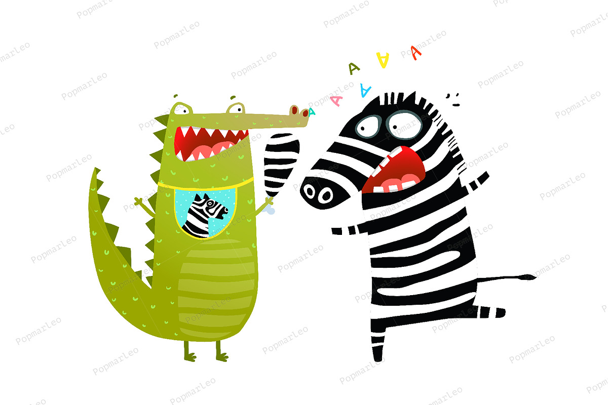 Fun Crocodile Eating Zebra Cartoon in Illustrations - product preview 8
