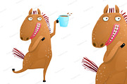 Horse holding cup of coffee