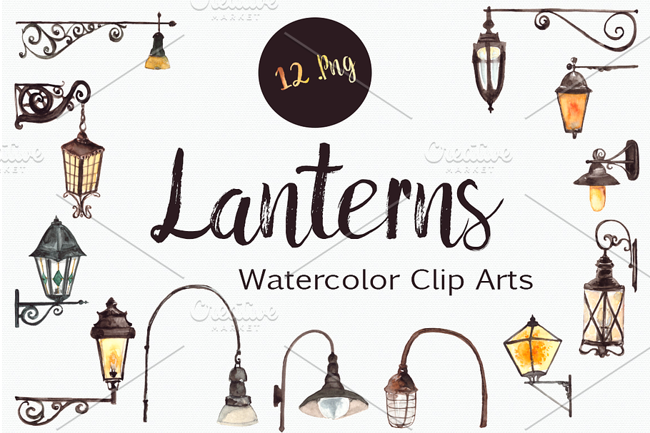Watercolor Lanterns Clip Art Set in Objects - product preview 8