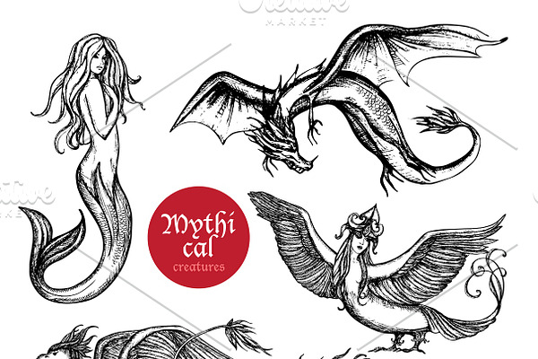 Mythical creatures hand drawn set