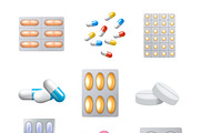 Realistic pills and granules icons