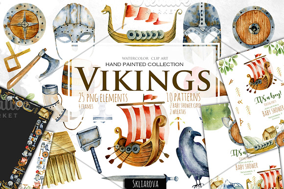 Vikings. Watercolor clip art. in Illustrations - product preview 8