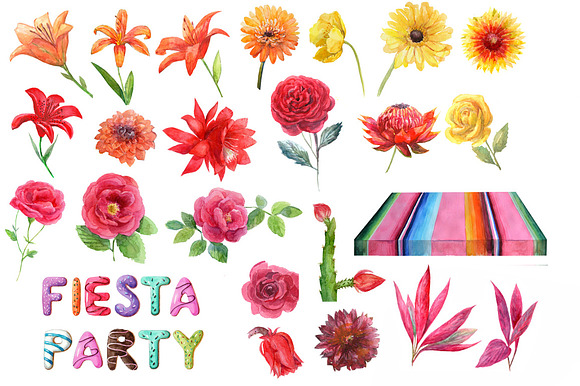 Mexican watercolor flowers.Fiesta. in Illustrations - product preview 5