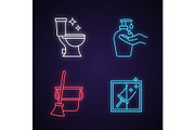 Cleaning service neon light icons