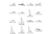 Yachts icons set, monochrome style