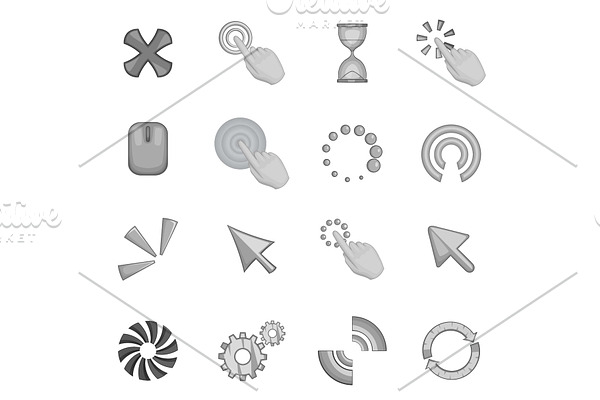 Click cursors icons set, monochrome