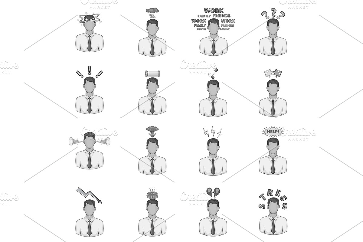 Stress icons set, monochrome style in Illustrations - product preview 8