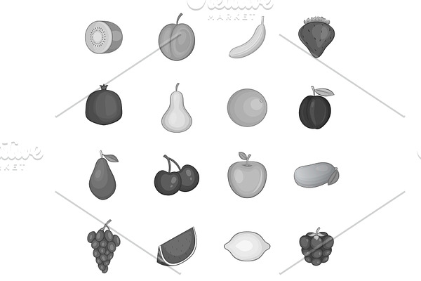 Fruit icons set, monochrome style