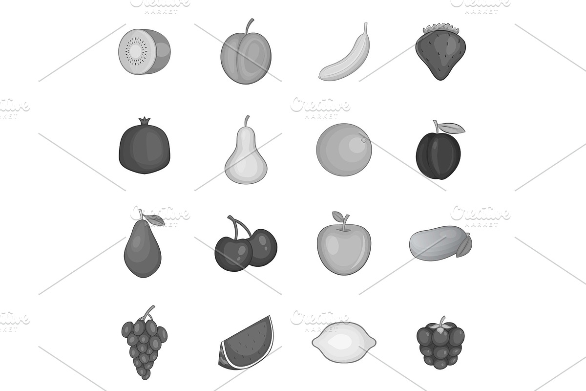 Fruit icons set, monochrome style in Illustrations - product preview 8