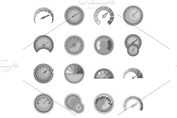 Speedometer icons set, monochrome