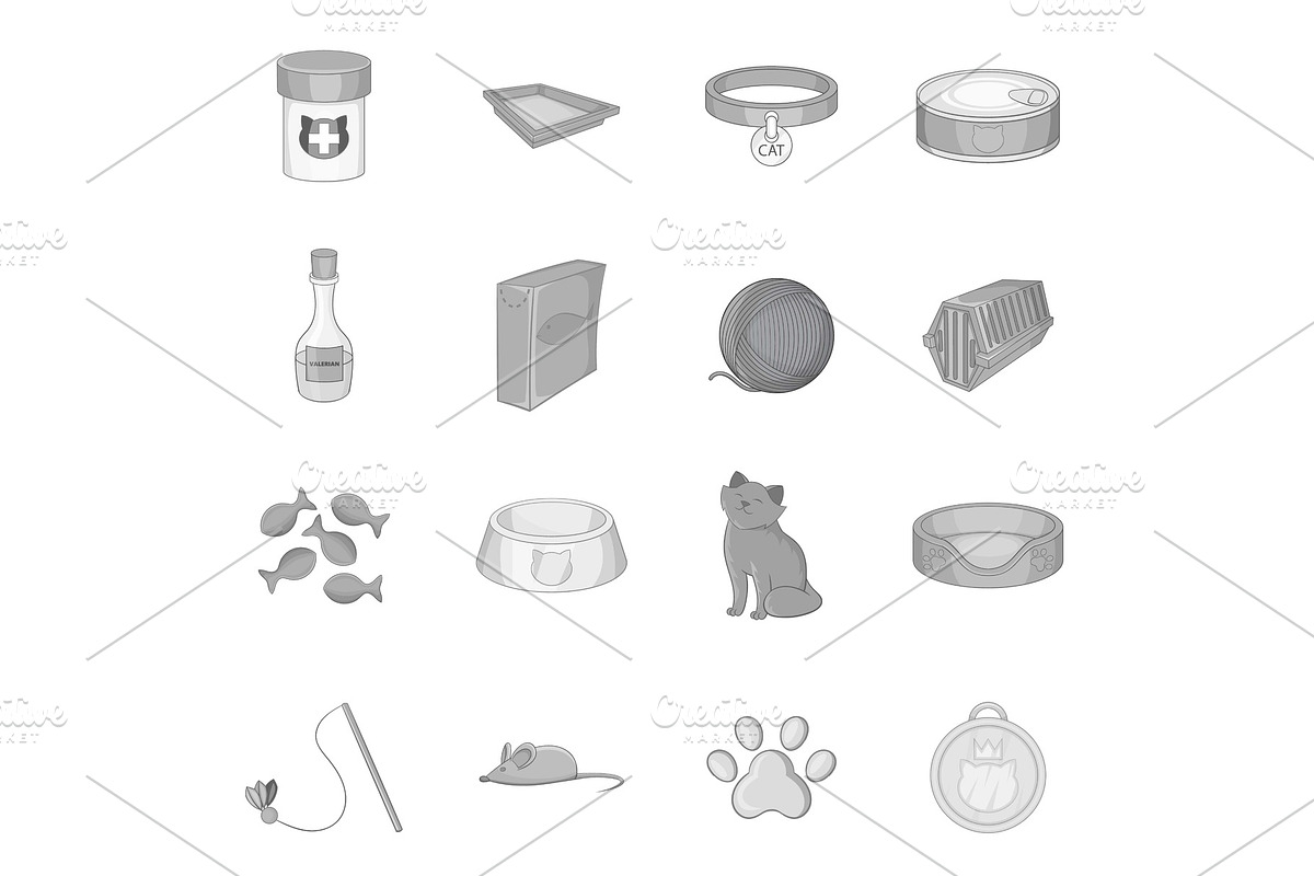 Cats accessories icons set in Illustrations - product preview 8