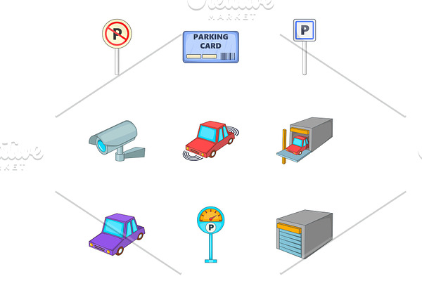 Parking station icons set, cartoon