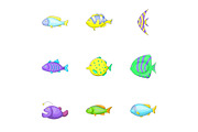 Marine life icons set, cartoon style