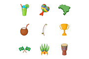 Symbols of Brazil icons set, cartoon