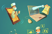 Online doctor cartoon set