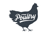 Chicken, hen, poultry. Lettering