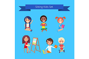 Sitting Kids Set Illustration on
