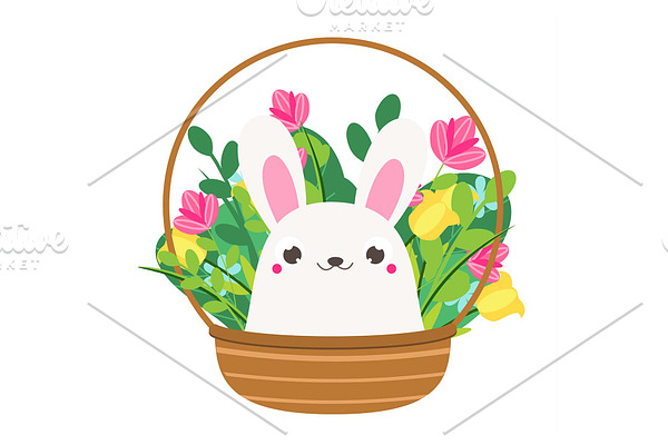 Cute Bunny in flowers. Easter rabbit