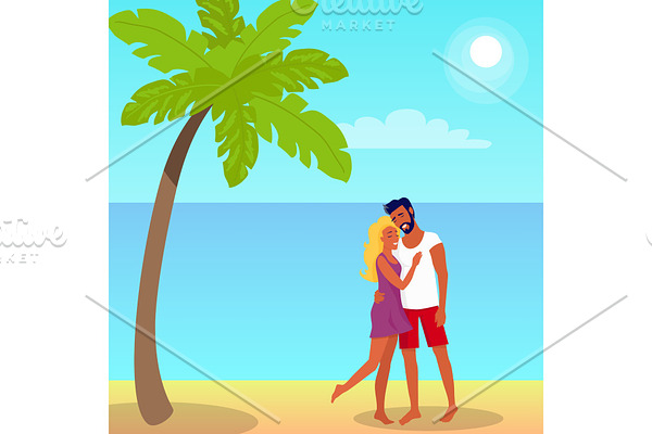 Couple Stands and Hugs on Beach in