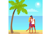 Couple Stands and Hugs on Beach in