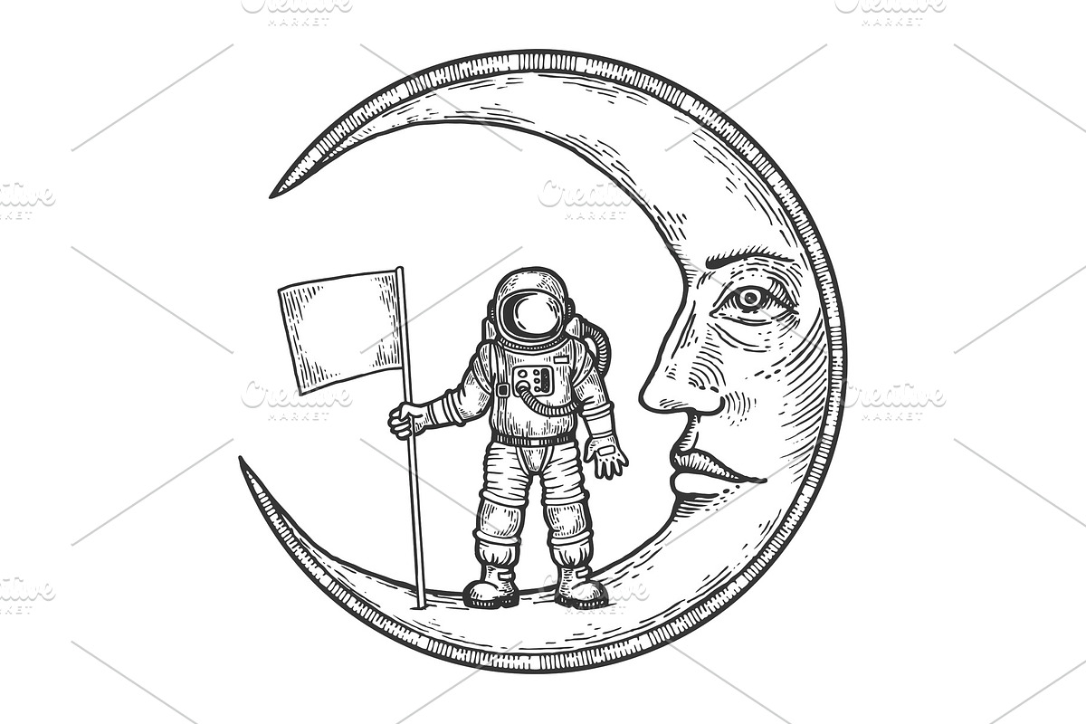 Spaceman with flag on moon engraving in Illustrations - product preview 8